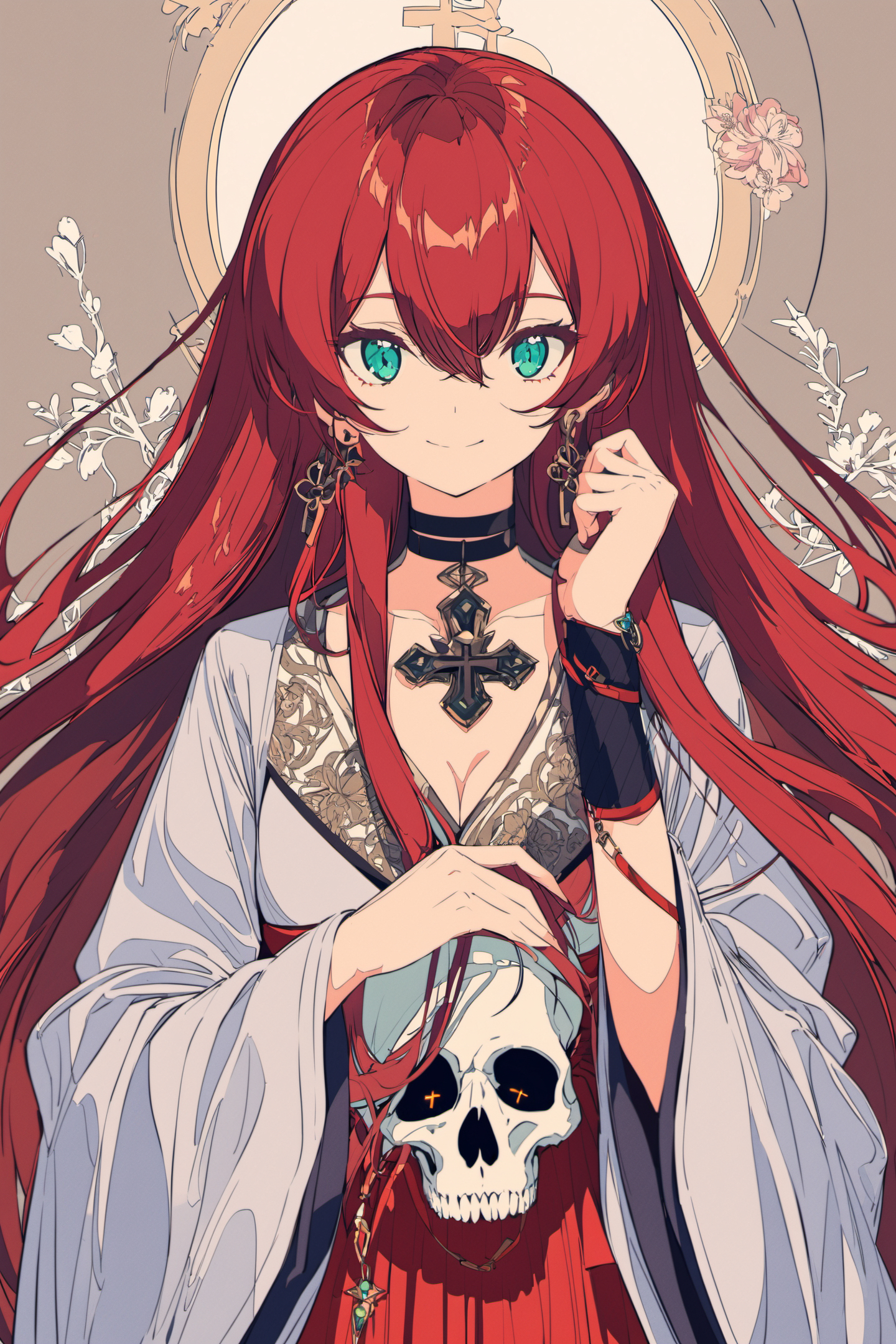24620-2511777532-1girl, red hair, horns, long hair, solo, jewelry, earrings, halo, looking at viewer, skull, holding, holding skull, animal skull.png